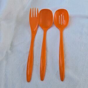 3 Vintage Melamine Orange Serving Kitchen Utensils Ladle, Slotted Spoon & Fork
